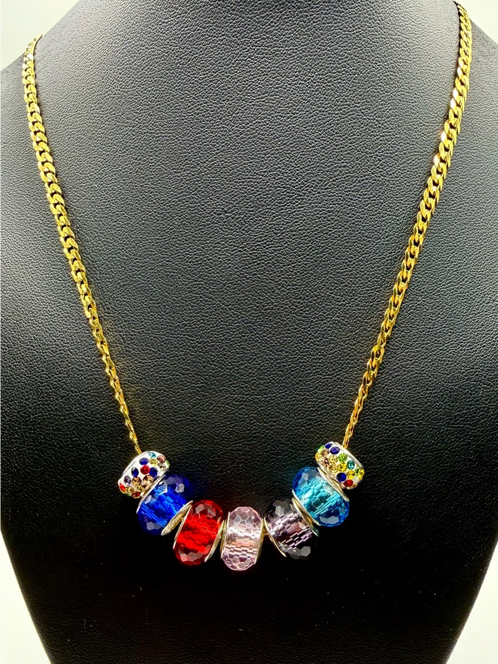Beautiful Multicolored 925 Glass Bead Pendants & Necklace 925 Gold Chain, NWOT